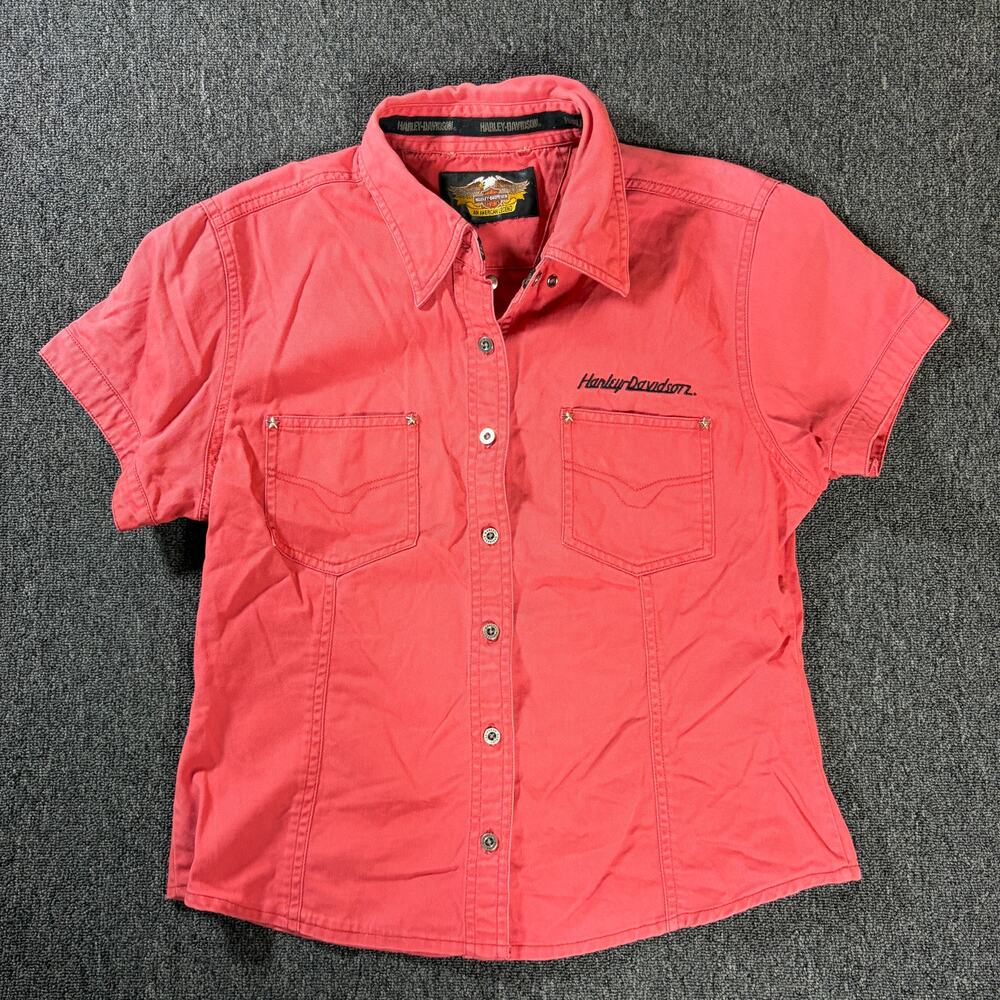 Vintage Y2k Harley Davidson Biker Motorcycle Salmon Pink Button up Women's M